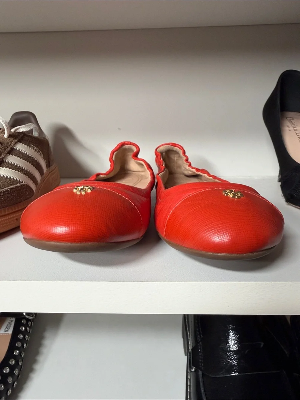 Tory Burch orange Leather Elastic-Back Ballet Flats with Gold Logo